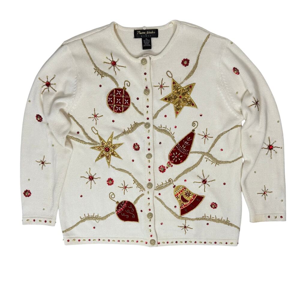 Vintage 90s Women’s XL Christmas Sweater Beaded White Holiday Knit